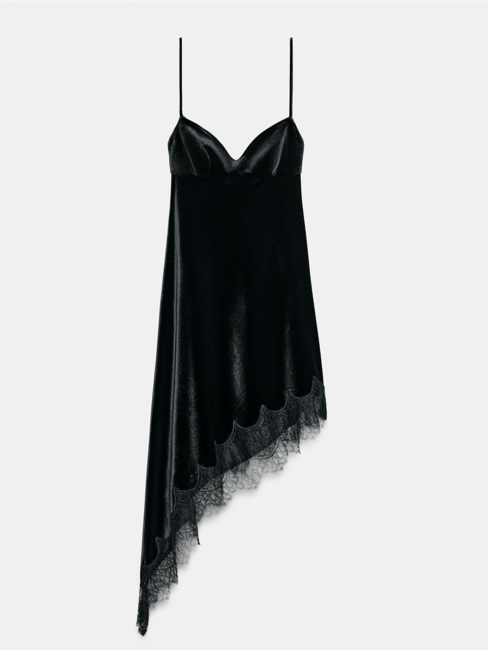 Black Asymmetrical Slip Dress with Lace Hem
